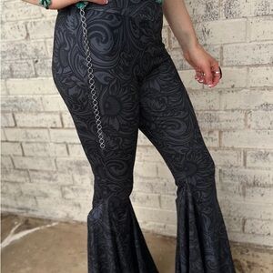 Floral Tooled Pattern Black and grey Flare Pants